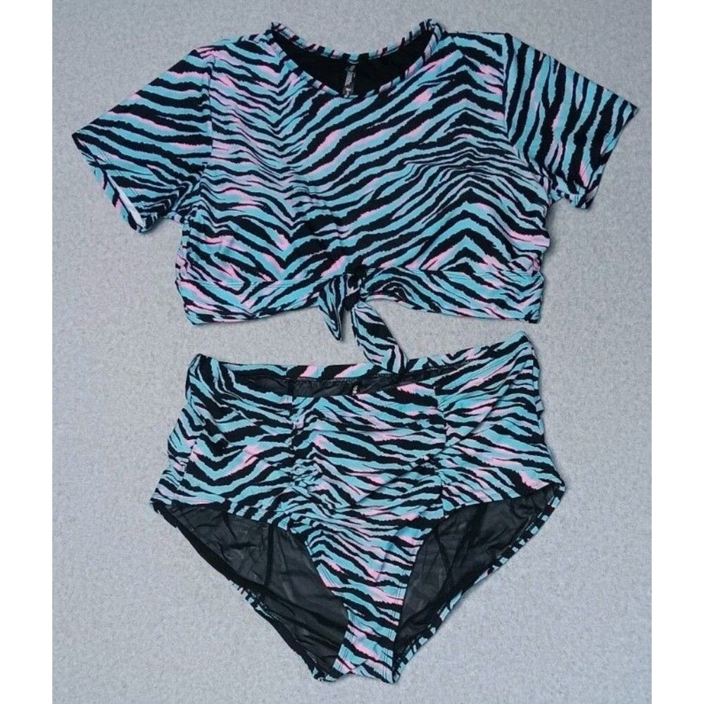 Torrid High Waisted Crop Top Swimsuit Set 3 Neon Zebra Pink Blue Tie Front Y2K